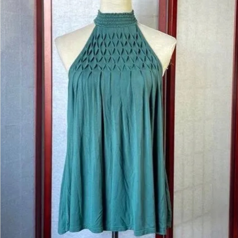 Anthropologie Cable & Gauge Beautiful Green Sleeveless Blouse w/High Neck size L